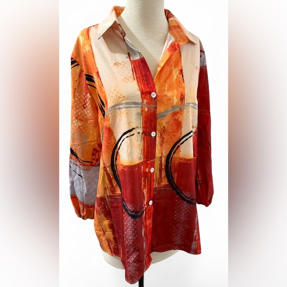 None Tops - Abstract Red Orange Quilted Button-Up Blouse Women’s XXL Vibrant Print